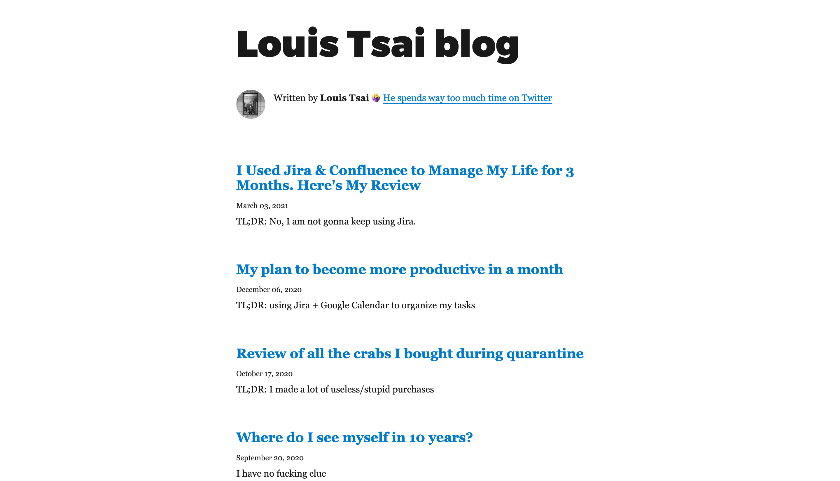 Screenshot of "Louis Tsai blog", which only has a series of blog post title and headline. The whole page is super plain.