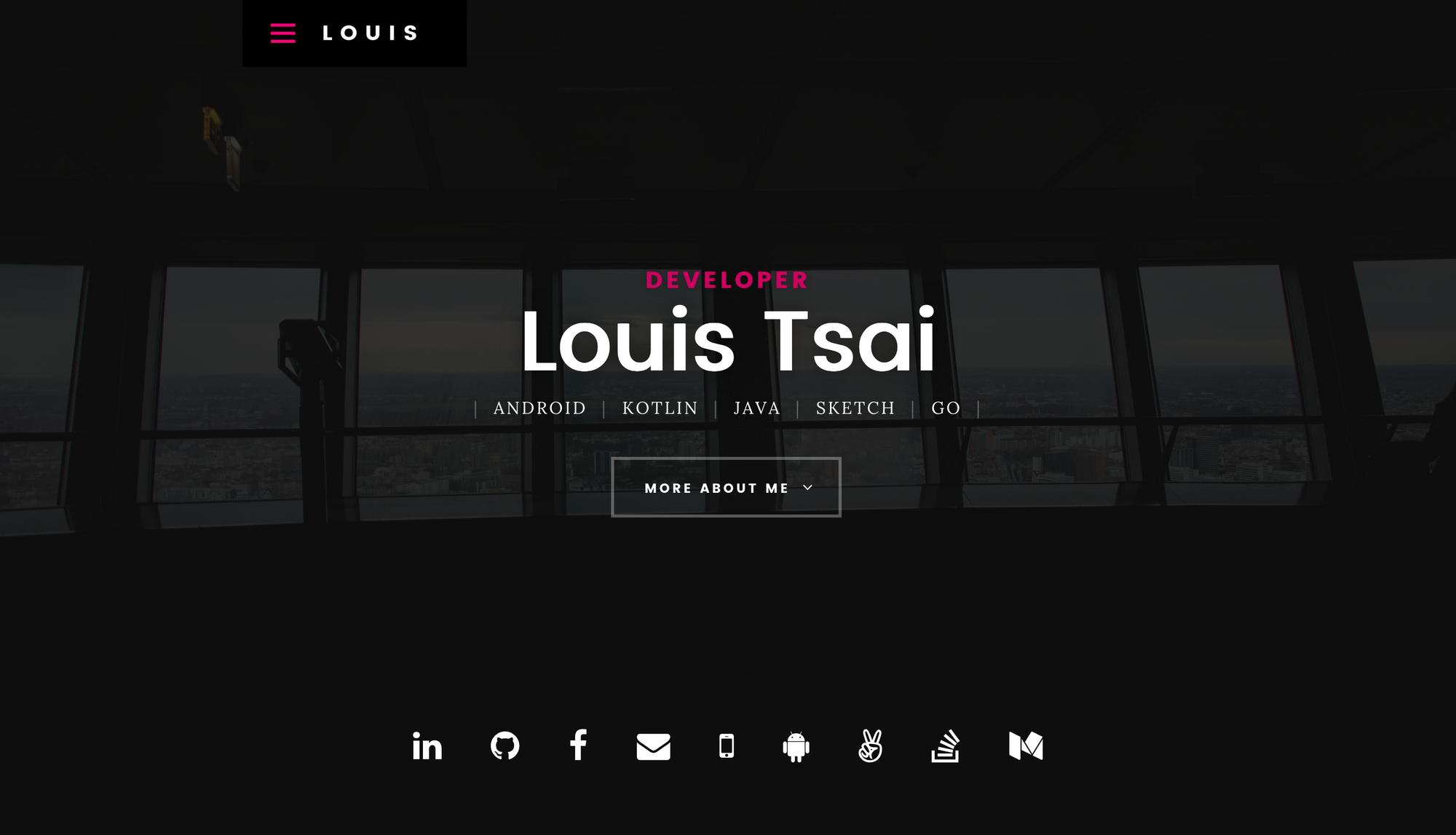 A screenshot of my website back in about 2018. It writes "Developer - Louis Tsai; Android, Kotlin, Java, Sketch, Go", followed by 9 icons to different contacts such as LinkedIn, GitHub, Facabook, etc.
