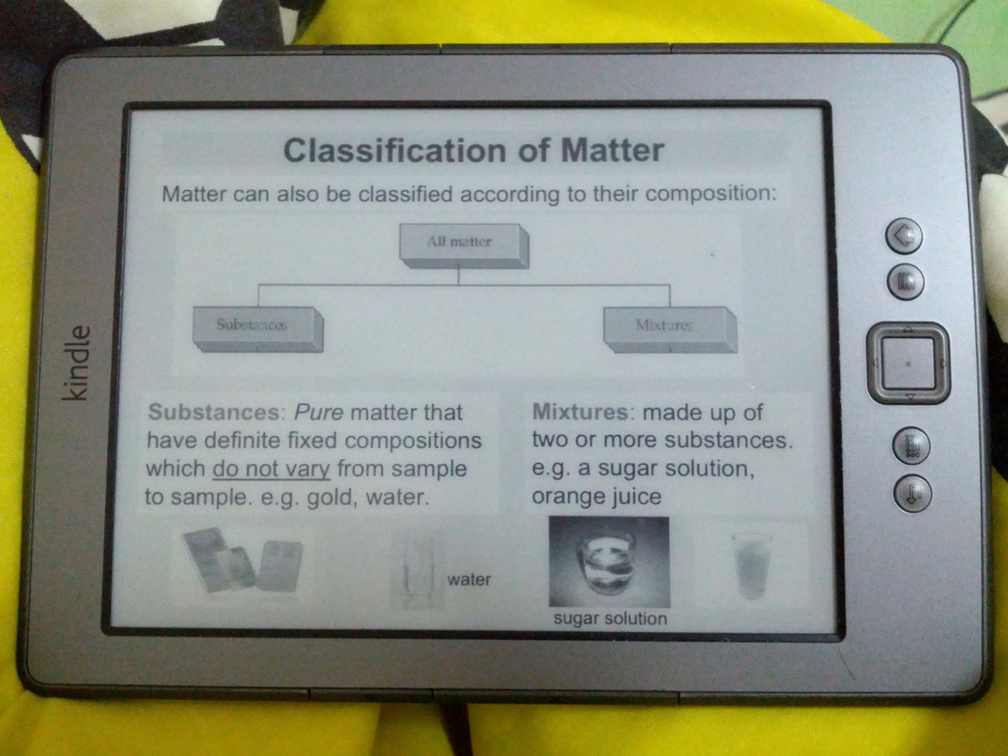 A Kindle (2021) horizontally, showing slides of "Classification of Matter"