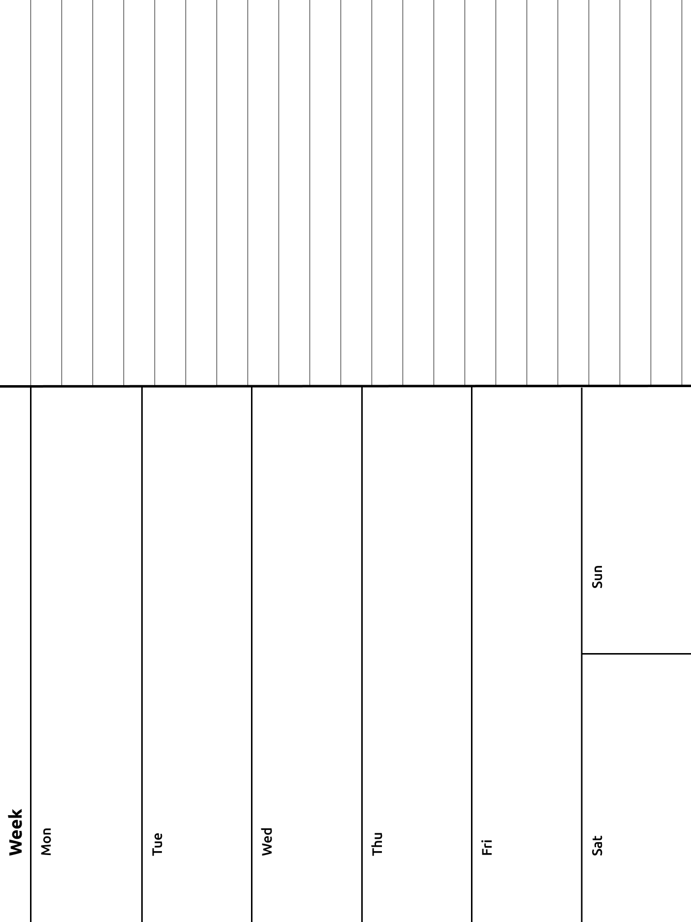 A weekly journal template: left hand side has 6 rows, Mon - Fri, plus Sat & Sun sharing a row; right hand side has 22 row of blank lines to write on.