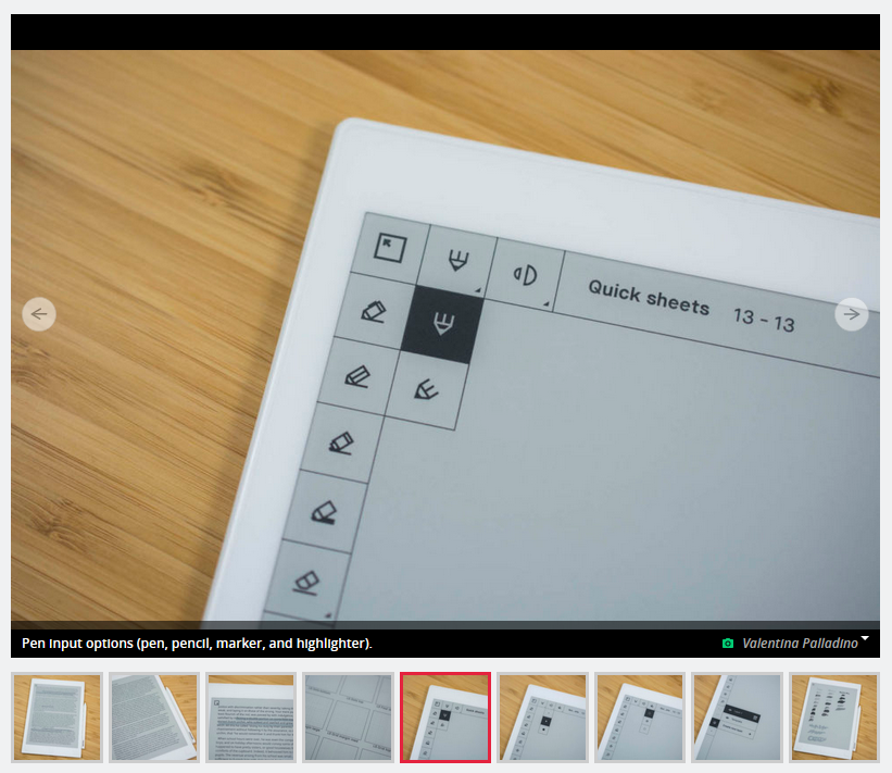 Screenshot of reMarkable 1 review, showing the drawing UI, in which each icon has a square border around it.