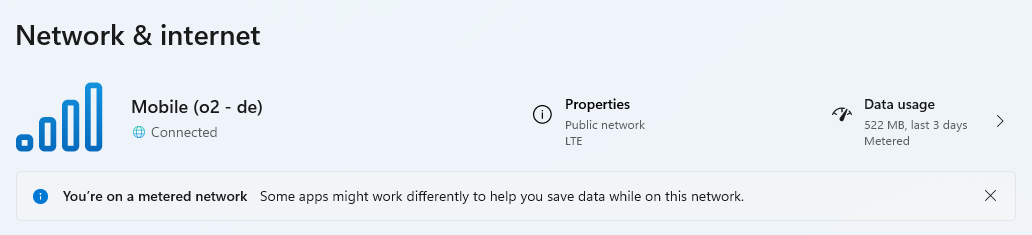 Screenshot of the "Network & Internet" settings screen, in which it shows the devices is connected to "Mobile (o2 - de)"