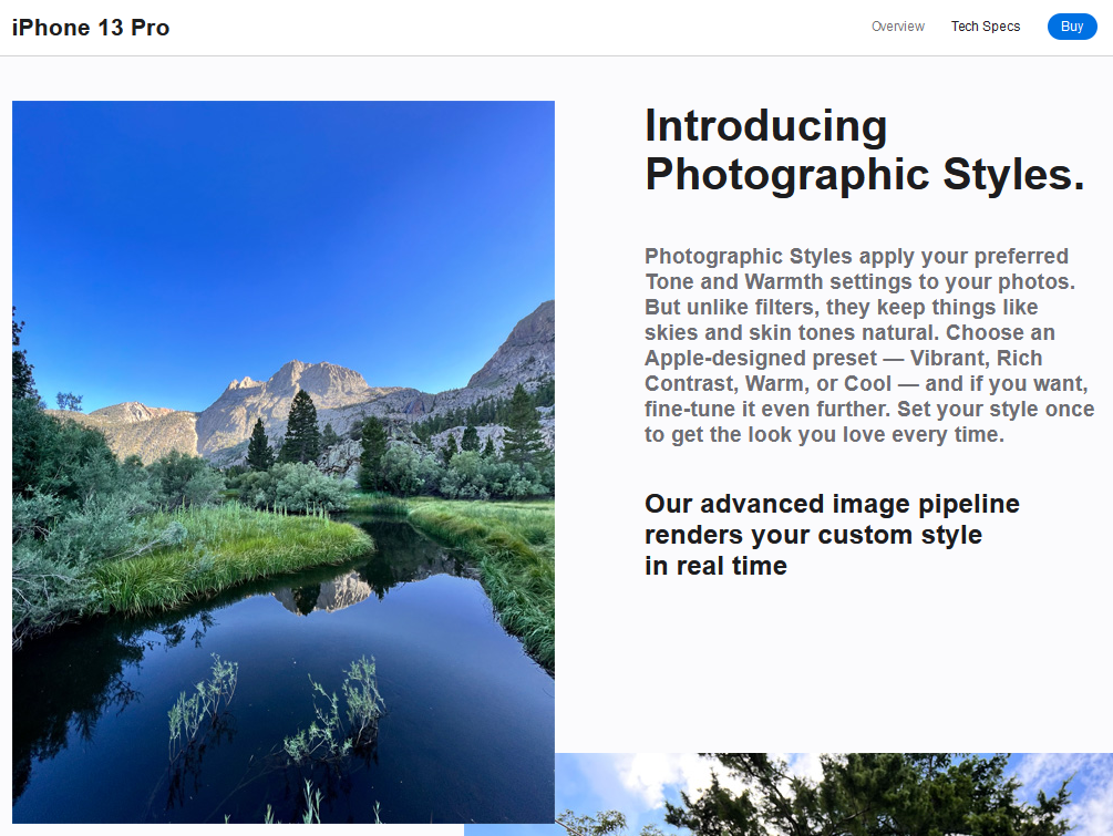 iPhone 13 Pro's website screenshot, in the "Photographic Styles" section