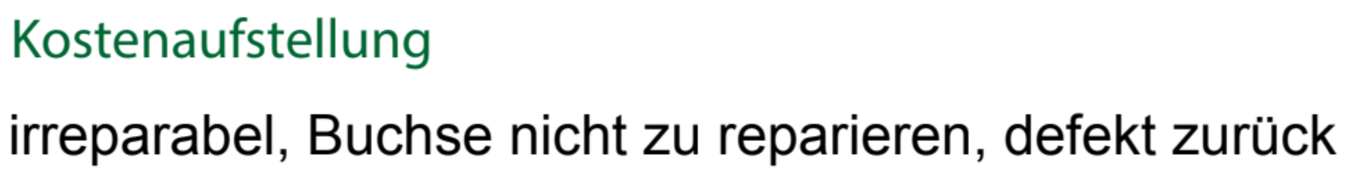 "Kostenaufstellung" "irreparabel, Buchse nicht zu repaieren, defekt zurΓΌck"