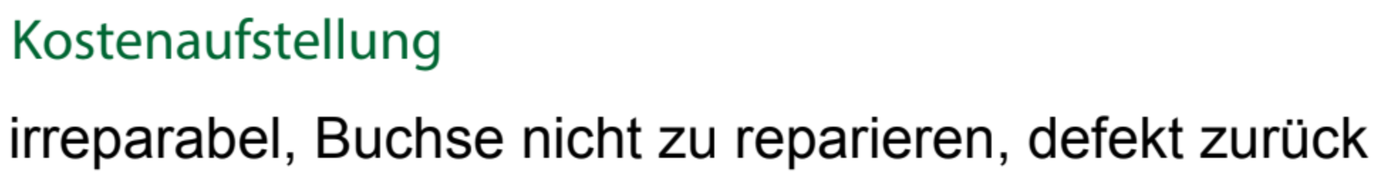 "Kostenaufstellung" "irreparabel, Buchse nicht zu repaieren, defekt zurück"