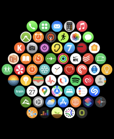 Screenshot of Apple Watch app list, which consist of Spotify, Toggl, Todoist, Parcel, Authy, and others.
