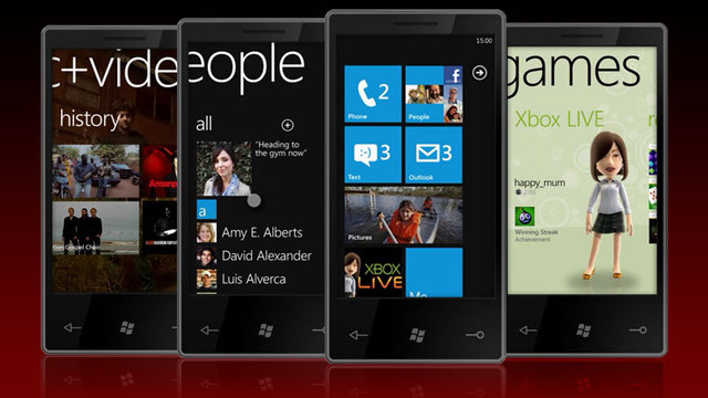 Picture of Windows Phone 7 launch marketing photos, in which it shows 4 mockups of what the UI would look like