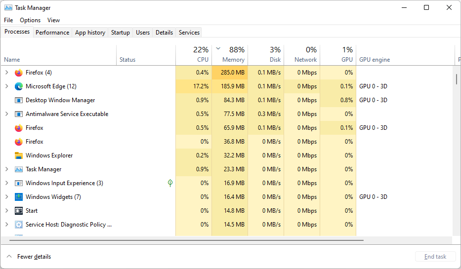 Screenshot of Task Manager, which it states that Firefox is using 285MB of memory, while Microsoft Edge is using 185.9MB