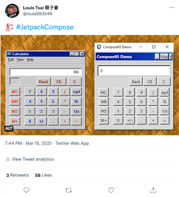 Screenshot of a tweet from Louis Tsai (@louis993546), in which it showcase a Windows 95 calculator app, side-by-side to a "Compose95 Demo" of a somewhat similar calculator app