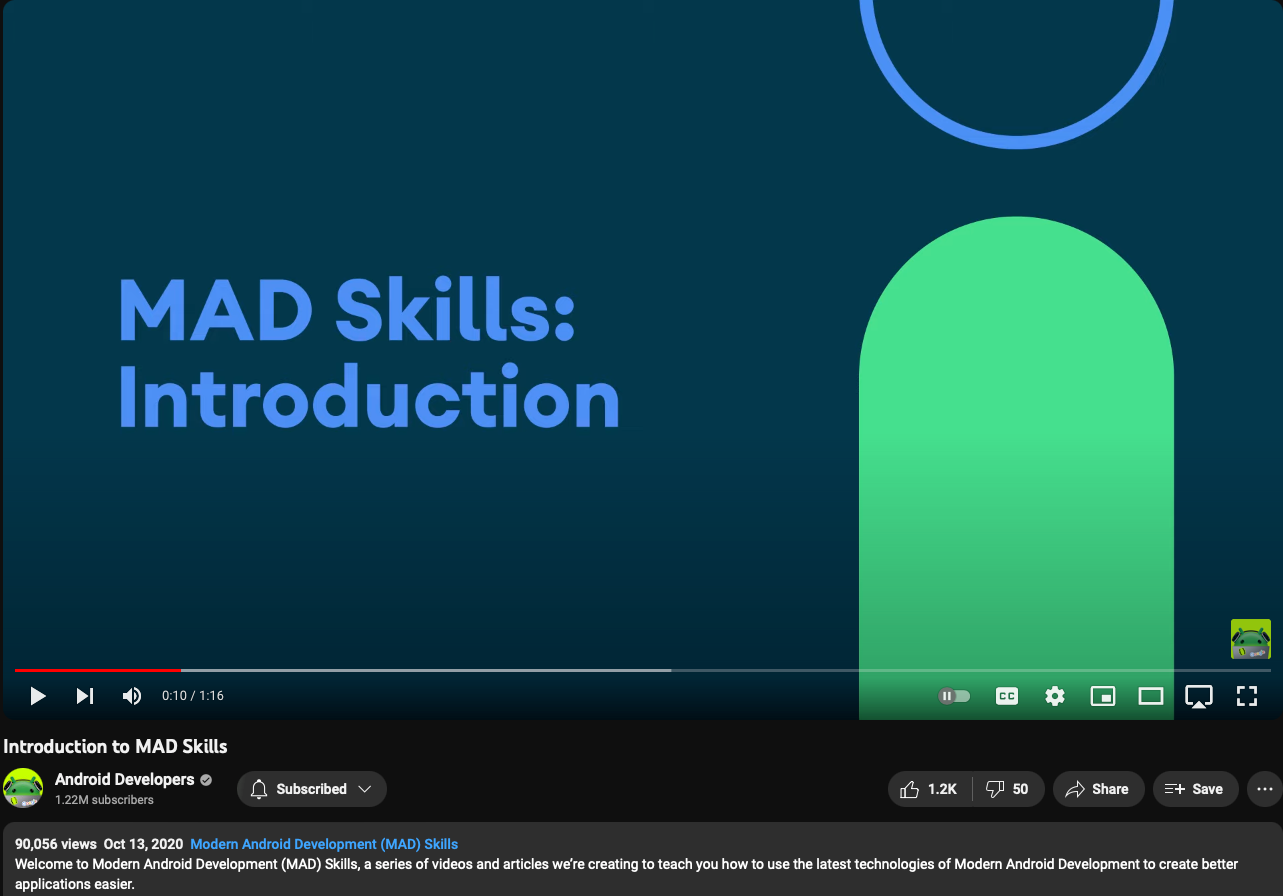 Screenshot of a YouTube video by "Android Developers", titled "Introduction to MAD Skills". Uploaded in Oct 13, 2020.