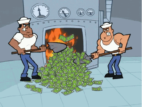 A cartoon of 2 men shoving piles of money into a fire pit