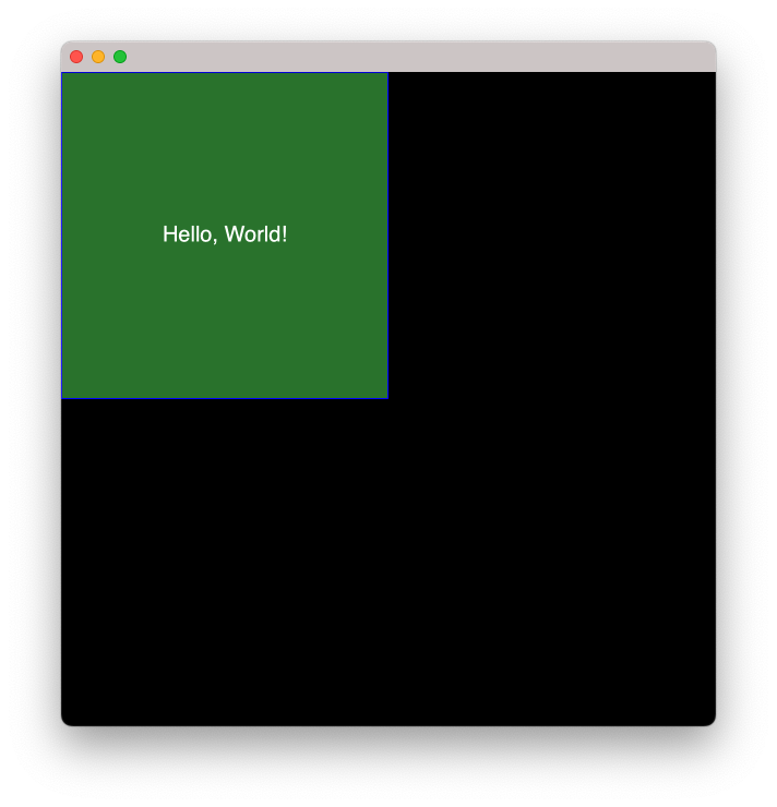 A screenshot of a macOS app. On the top left, there is a small green square with blue border & white text "Hello, World!".
